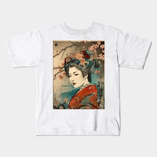 Vintage Rose Blossoms Japanese Woodblock Maple Streetwear Hipster Asian Inspired Retro Manga Samurai Clover Kids T-Shirt